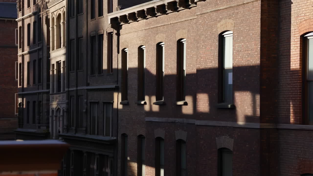 Sunlight and shadows on historic brick buildings