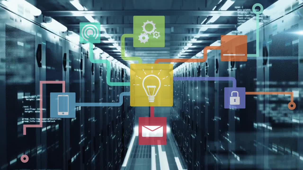 Animation of network of connections with icons and data processing over server room