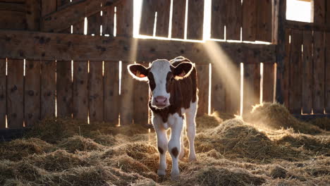 a young calf standing in a sunlit barn amidst hay