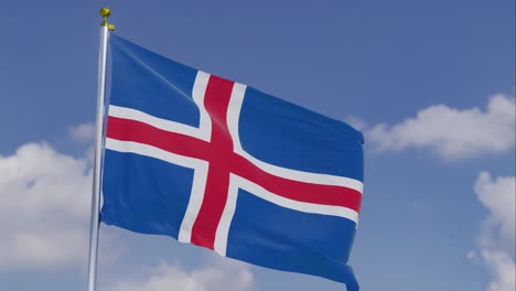 flag of iceland moving in the wind with a clear blue sky in the background, clouds slowly moving, flagpole, slow motion