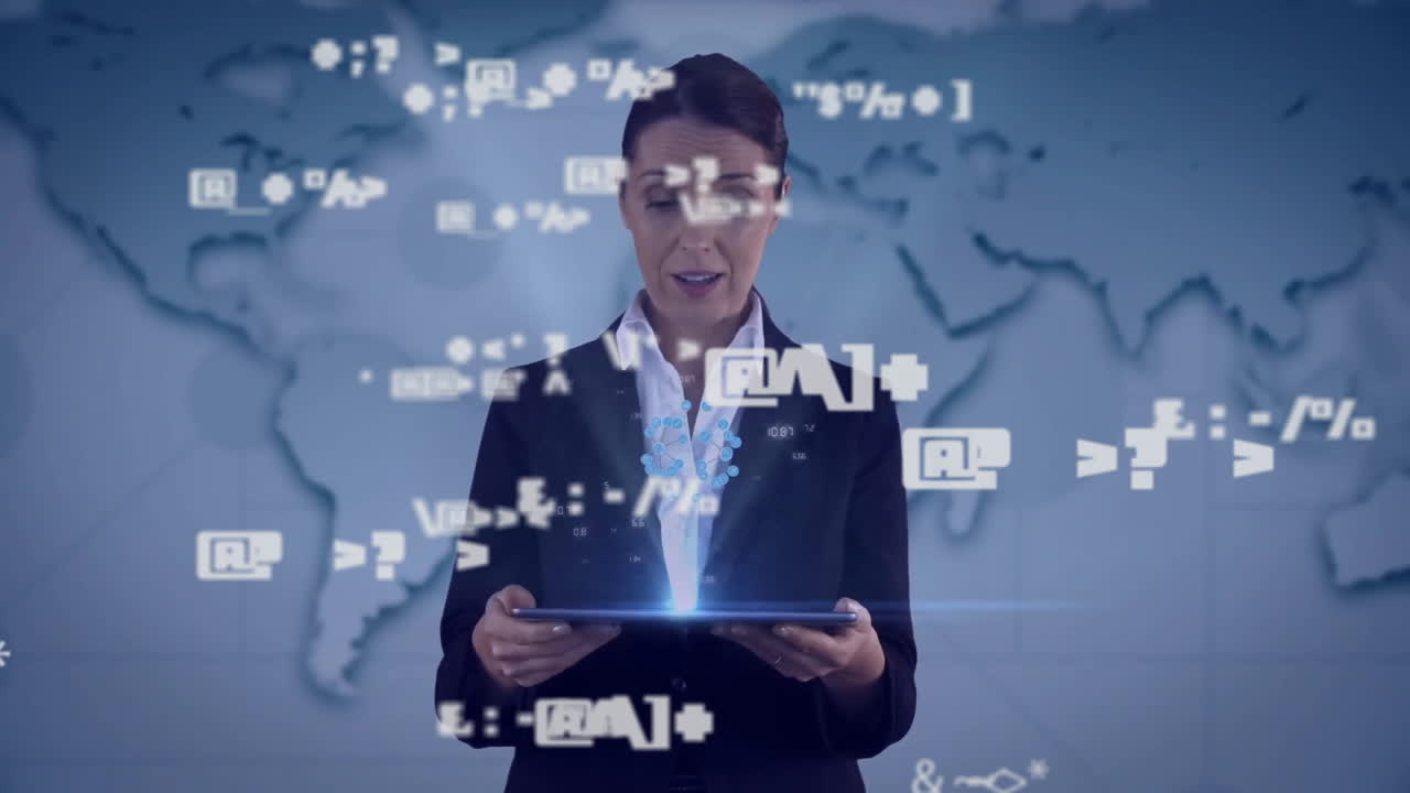 카우카스 여성이 디지털 태블릿을 사용하여 지도에 대한 아이콘 글로브를 표시하는 상징의 애니메이션