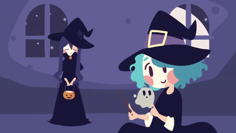 happy halloween animation with witch and ghost