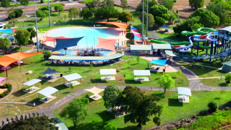 aerial drone of leanyer waterpark awnings pool and slides in darwin northern territory australia