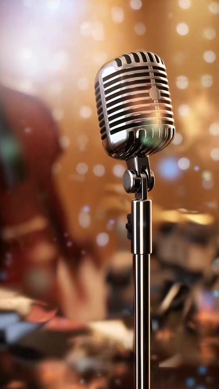 Microfono vintage su un palco con strumenti musicali sfocati