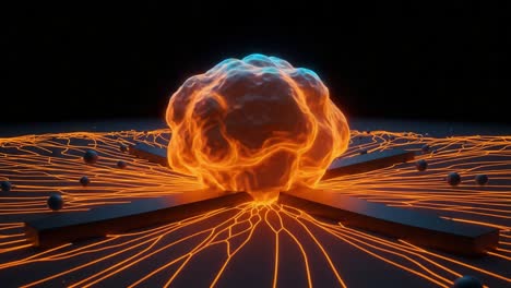 explosive energy: a dynamic visual of an abstract energy sphere surrounded by radiating lines and orbs, capturing the essence of motion and power in a digital realm