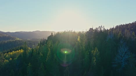 sunset over forests and mountains in rural norway - drone shot