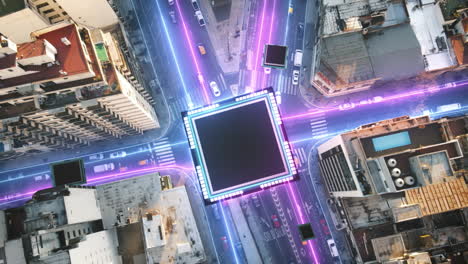 aerial top down of traffic on road fork in digital city with landing microchip on junction - future concept with glowing connection lines - hologram motion graphic in downtown