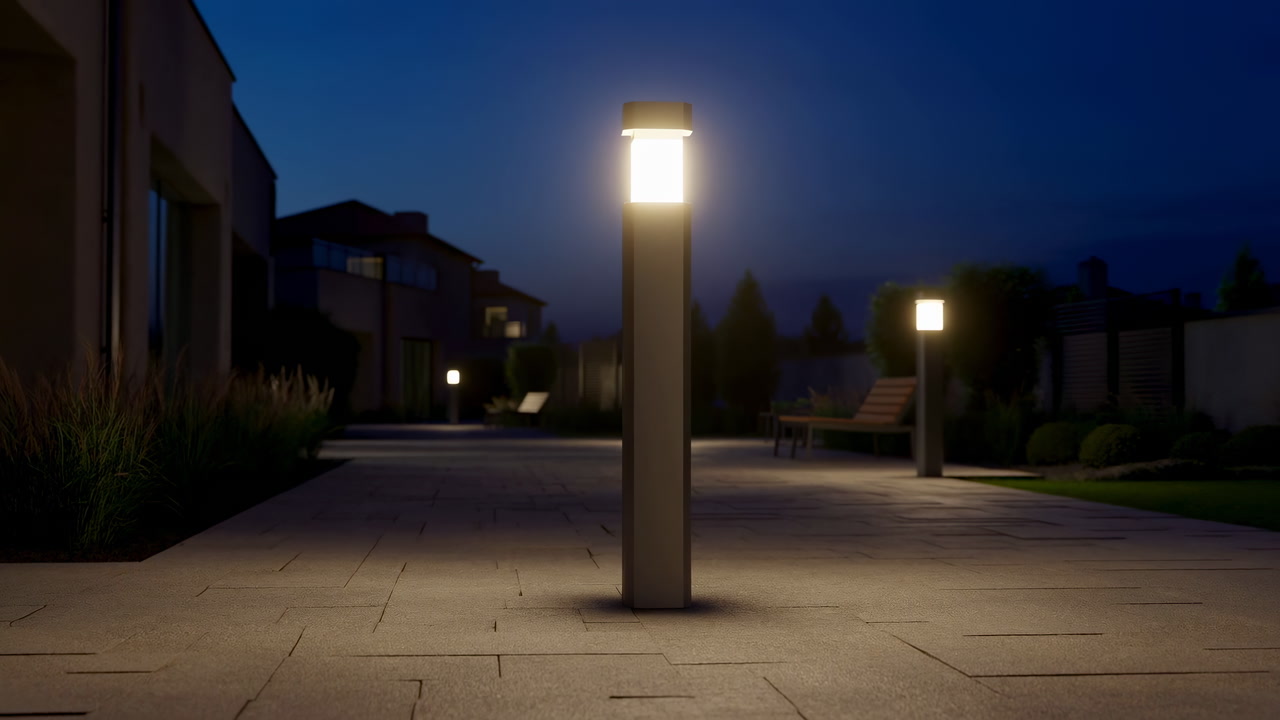 Glowing Bollard Light On Patio, Paved Walkway, Modern Residential Courtyard At Twilight With Soft Ambient