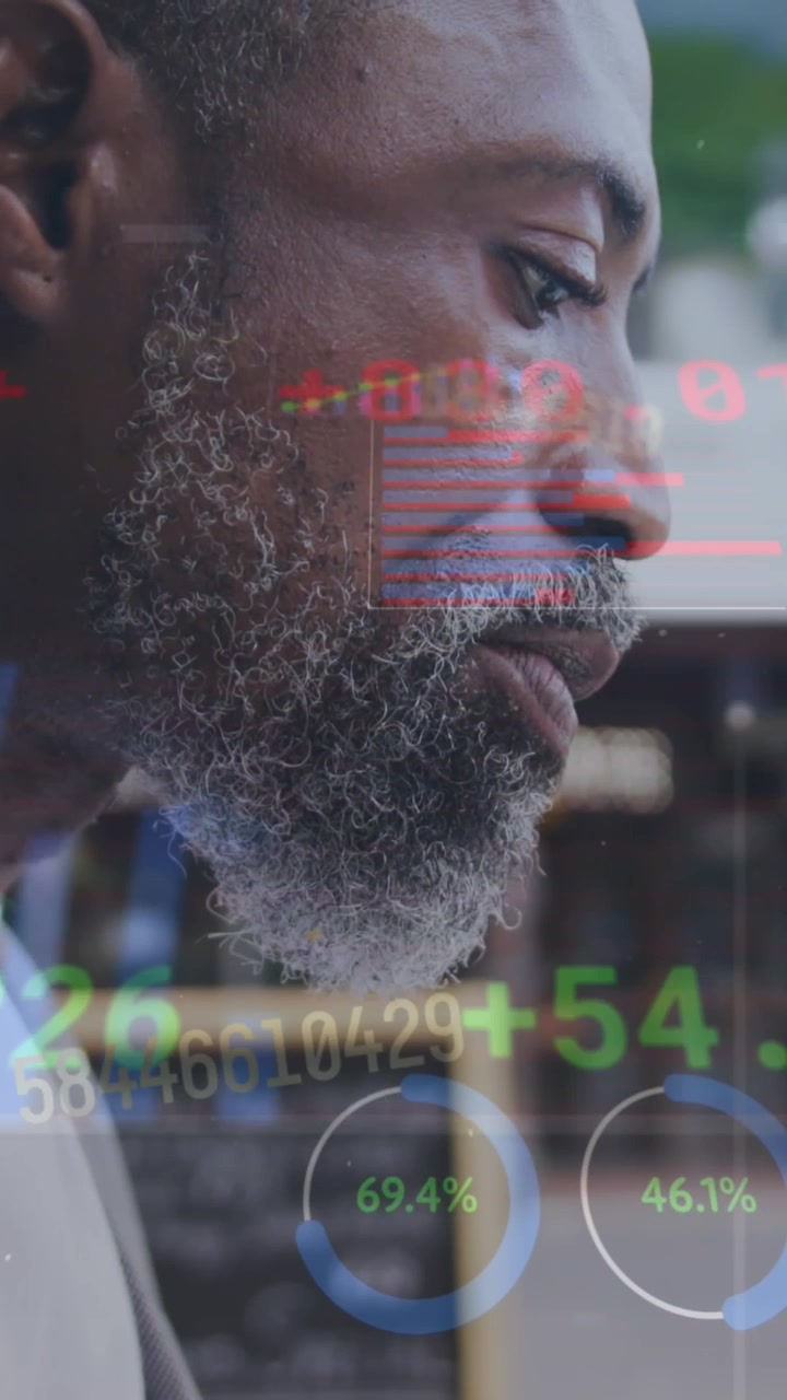 Animation of financial data processing over businessman in city