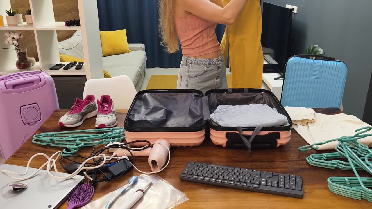 Woman packing a suitcase on a table