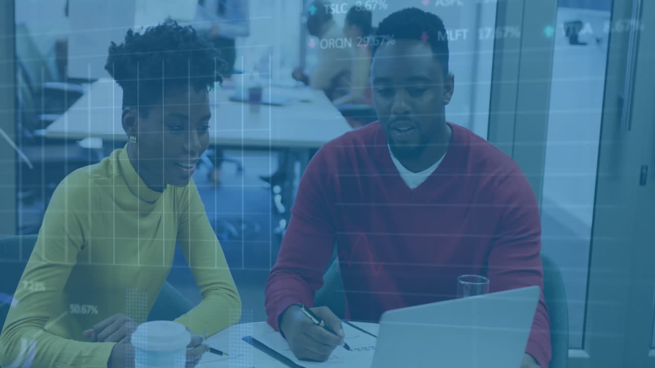 Animation of financial data processing over diverse colleagues discussing work in office
