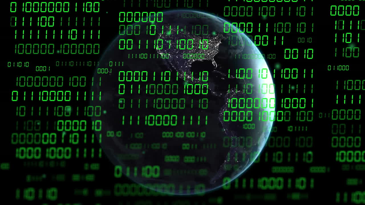 Animation of binary coding data processing over globe