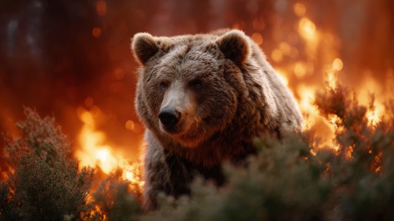 En grizzlybjørn som navigerer gjennom flammene i en skogbrann, illustrerer kampen for å overleve midt i et brennende villmarksområde