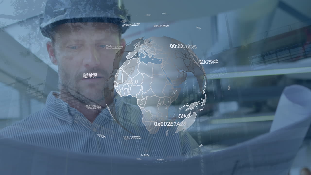 Animation of globe with data processing over caucasian businessman looking at plans