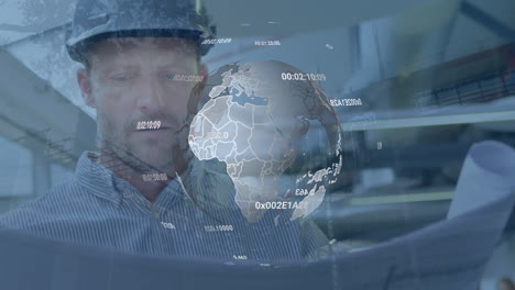 animation of globe with data processing over caucasian businessman looking at plans