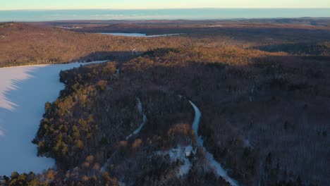 flying high over a forest next to a frozen lake with some snowy roads