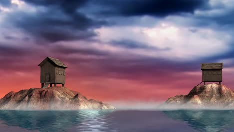 animated video of big rocks and houses floating above sea with red clouds in the background