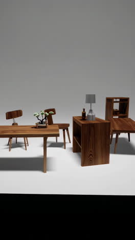 collection of wooden furniture pieces on a white background