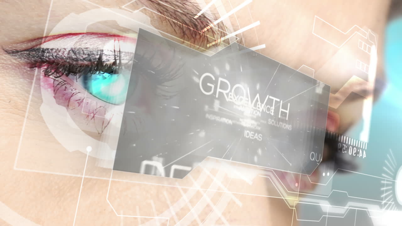 ojos mirando la interfaz holográfica con palabras de negocios