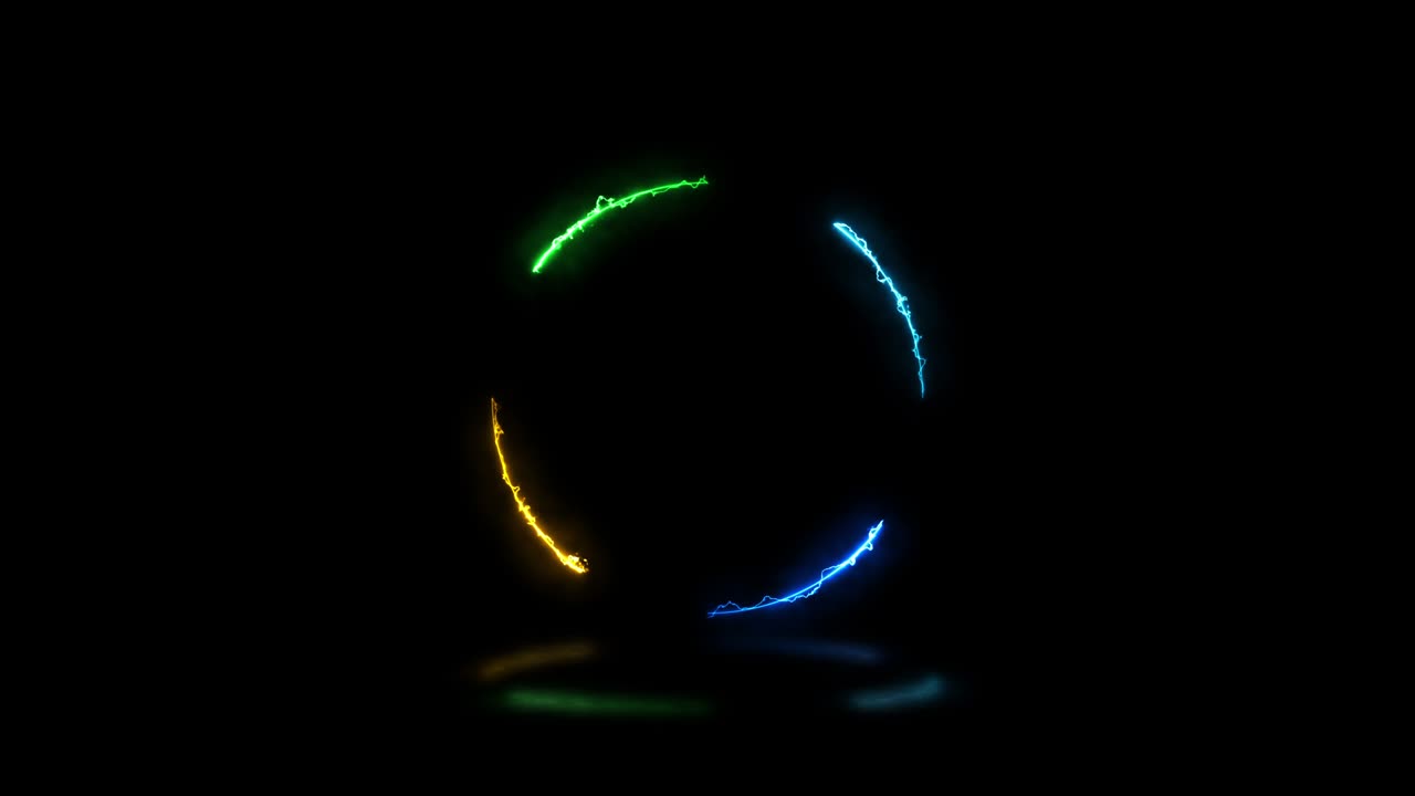 Yellow, green and blue energy lights round shape on a dark background with reflections. Seamless loop abstract sign motion graphic design