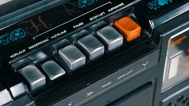Pressione di un pulsante su un registratore a cassette: Riproduci, Stop, Registra, Avanti veloce, Riavvolgi.
