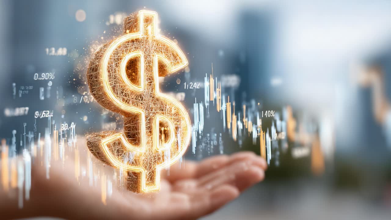 Affascinante Visualizzazione Finanziaria: Il Simbolo del Dollaro Circondato da Dinamiche Tendenze di Mercato e Analisi Dati per Illustrare la Crescita Economica e il Potenziale di Investimento