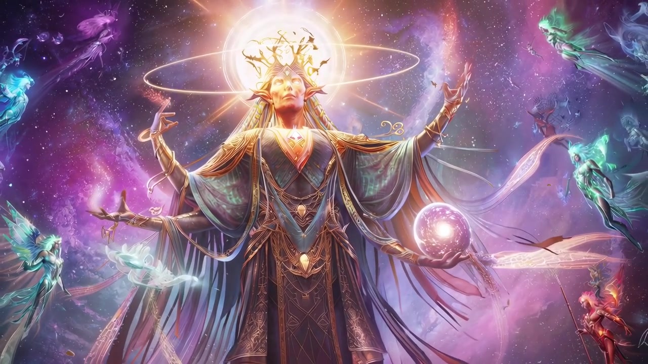 Divindade Celestial Cercada por Fadas Etéreas no Espaço Cósmico