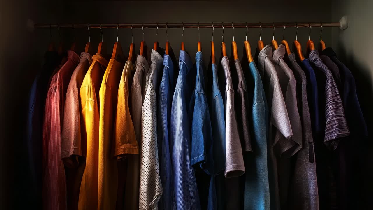 A Display of Colorful Shirts on Hangers Illuminated by Soft Lighting, Highlighting the Textures and Patterns of Each Garment in a Neatly Organized Closet