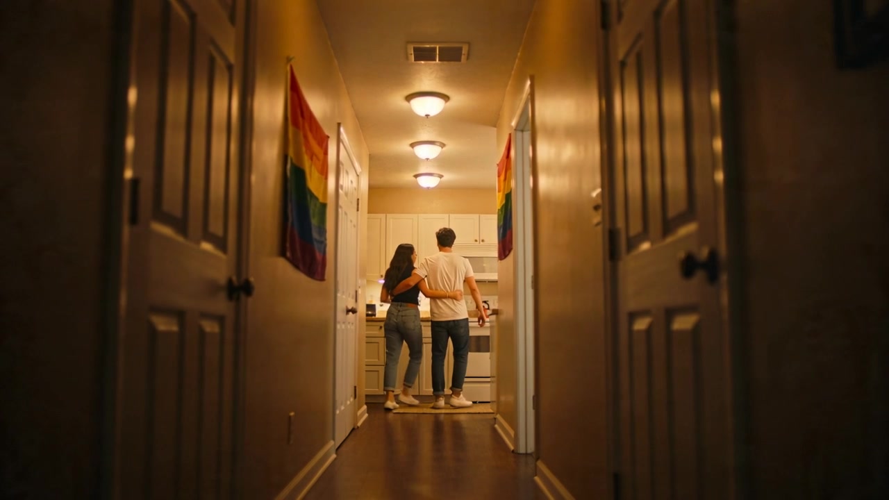 Walking man and woman wearing jeans linking arms down hallway into kitchen to pause, rainbow flags