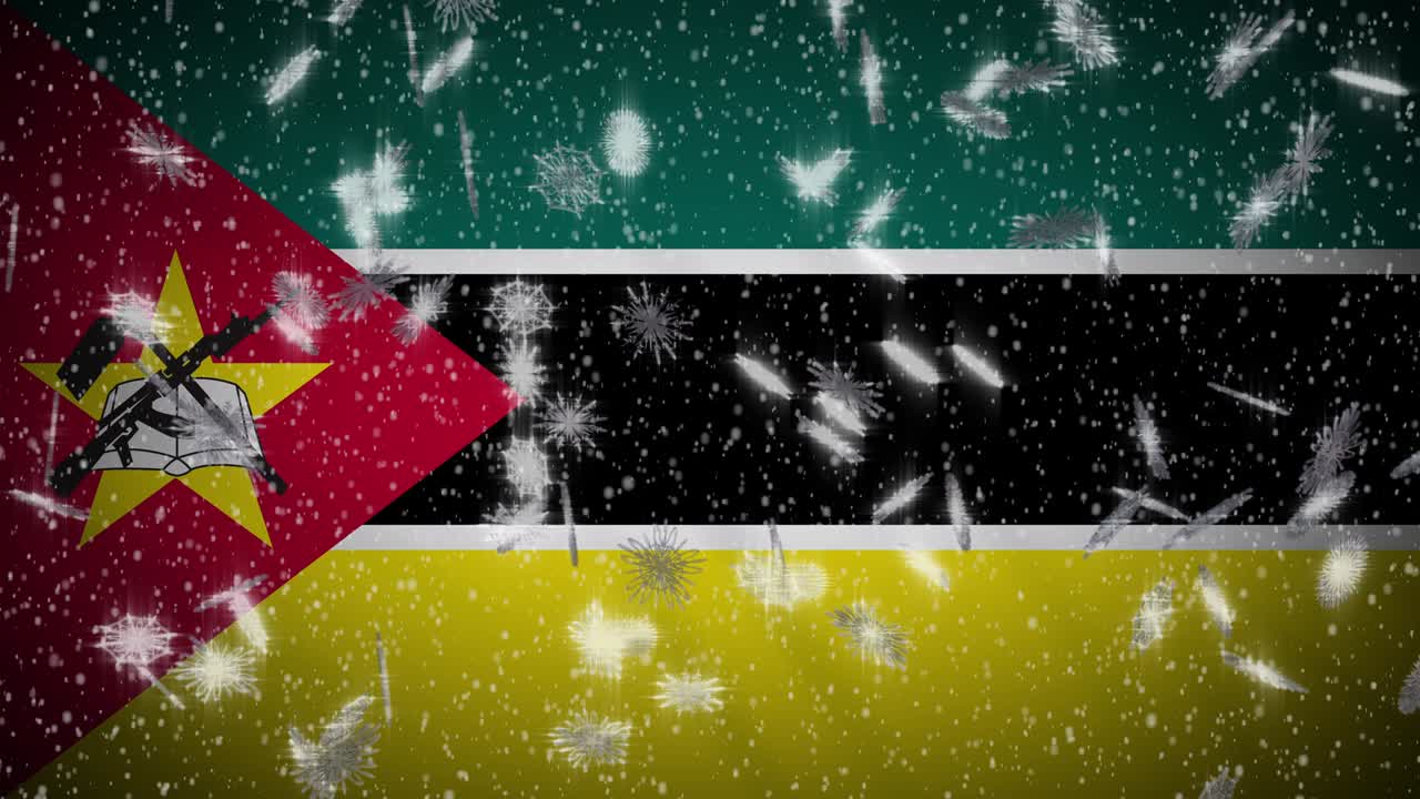 Mozambique flag falling snow loopable, New Year and Christmas background, loop