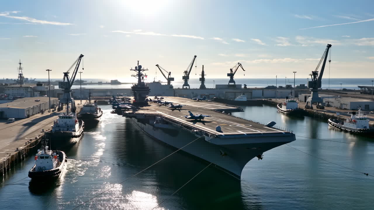 Large Aircraft Carrier Docked in a Busy Port with Tugboats and Fighter Jets