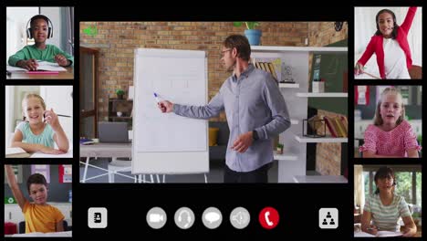 Schnittstelle-Für-Zusammengesetzte-Videoanrufe-Mit-Verschiedenen-Männlichen-Lehrern-Und-Sechs-Kindern-Im-Online-Unterricht