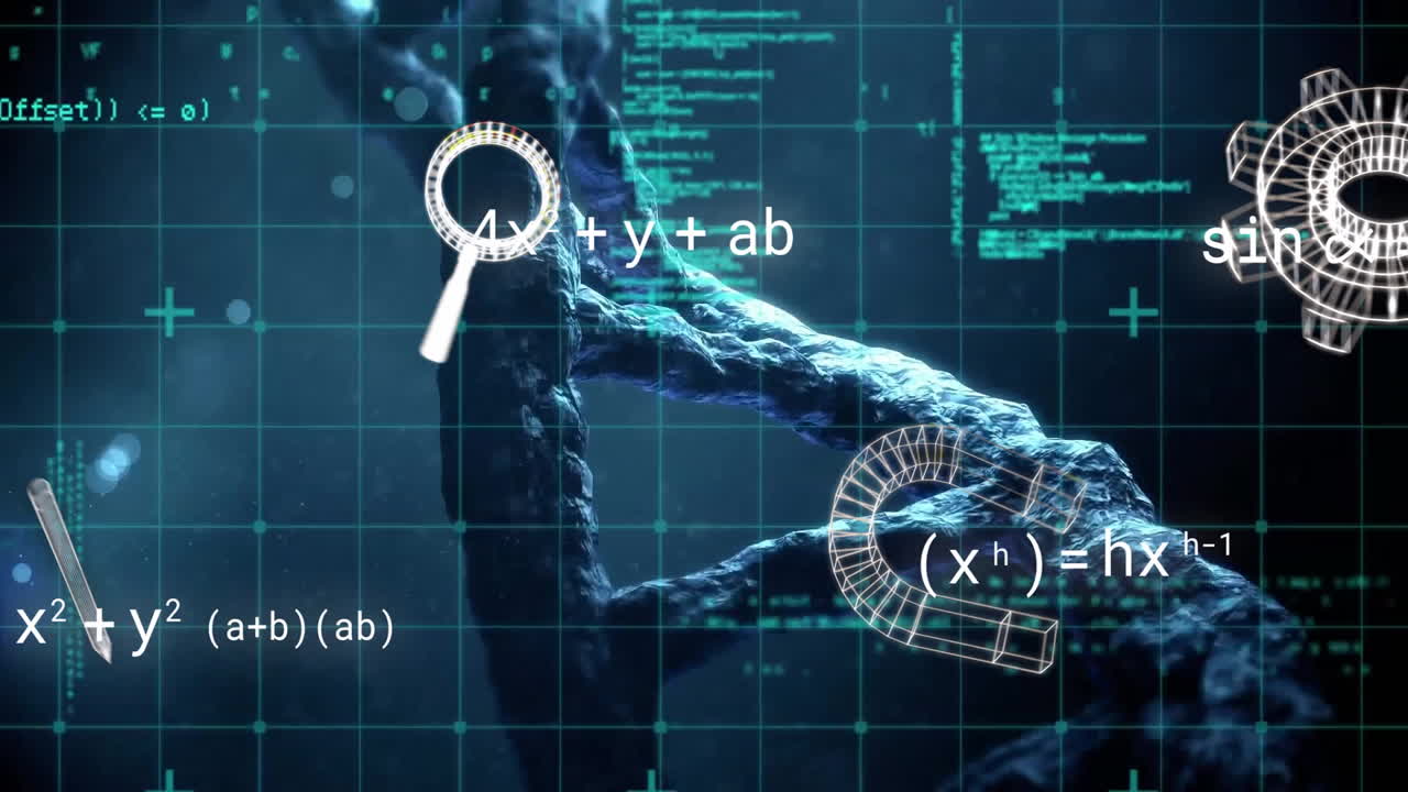 Mathematical equations and magnifying glass animation over DNA strand and data grid