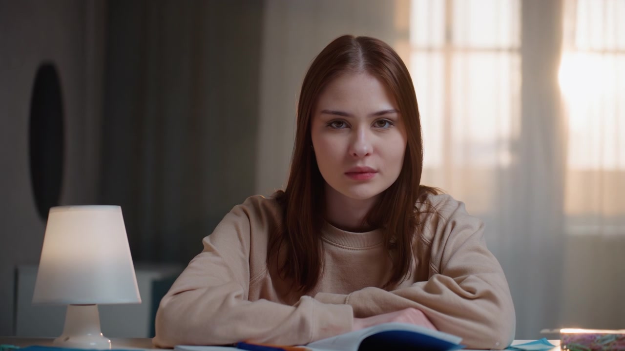 Giovane donna che legge con impegno stasera. Una studentessa studia diligentemente nella tranquilla atmosfera serale. Una ricercatrice si concentra intensamente sui suoi libri di testo sotto la luce soffusa di una lampada.