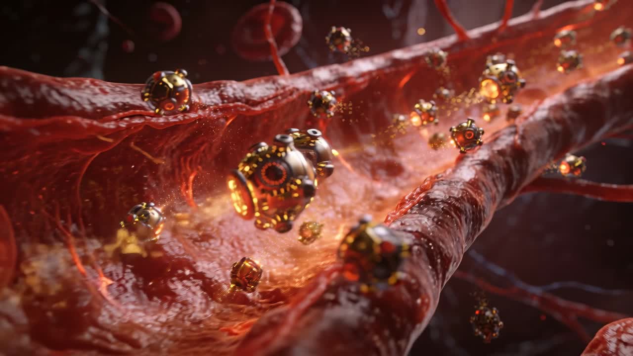 Sciame di nanobot che viaggia in un vaso sanguigno in un'animazione medica, con il flusso sanguigno che spinge i dispositivi ed emette scintille.