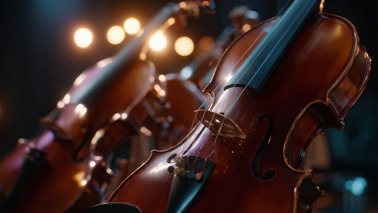 Un primo piano accattivante di eleganti violini ambientati su uno sfondo abbagliante di luci ambrate soffuse, che mettono in mostra la loro maestria e la loro essenza musicale.