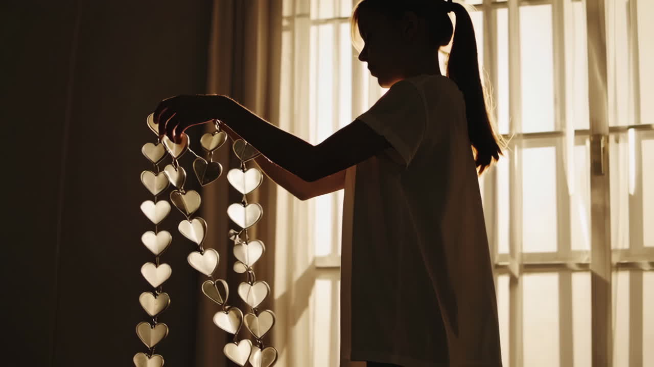 Silhouette of a girl holding a string of heart decorations by a window