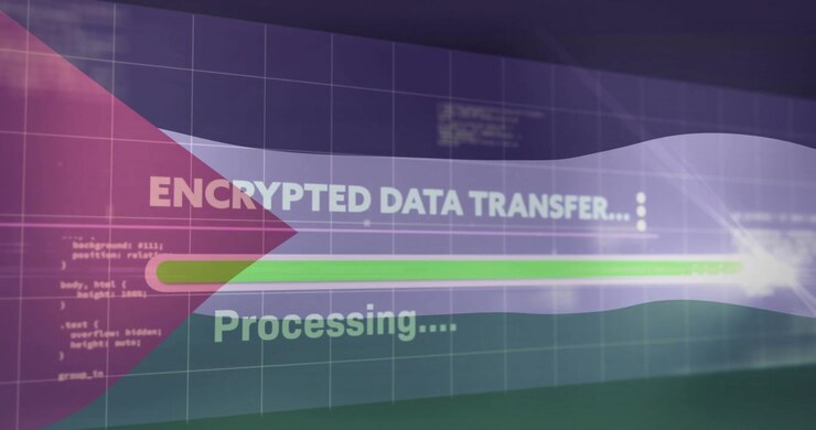 Sci-fi UI showing encrypted data transfer progress bar moving across neon grid and waveforms