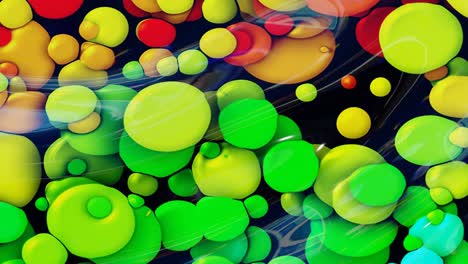 fondo en bucle abstracto de superficie brillante brillante como líquido transparente ondulado con círculos de color arco iris flotan como gotas de pintura en aceite. hermoso fondo creativo con gradiente de color en 4k. 3d