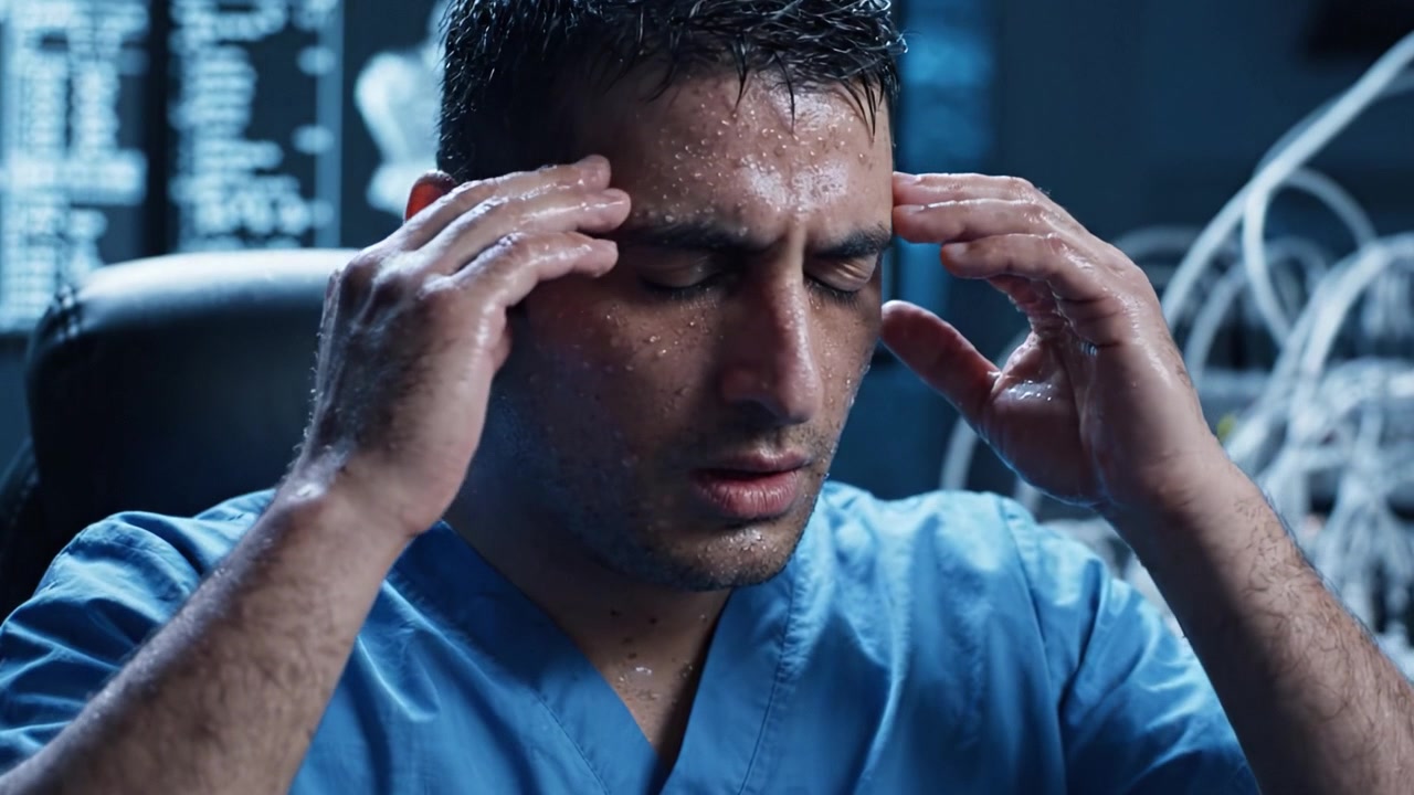 Un professionista medico in difficoltà che subisce un'intensa pressione in un ambiente clinico, mostrando il tributo emotivo e lo sforzo fisico dell'assistenza sanitaria mentre affronta situazioni critiche.