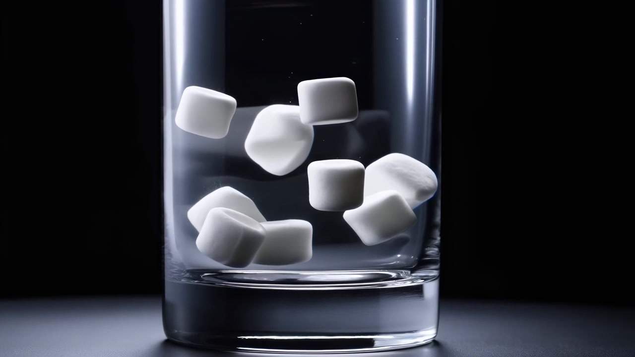 Primo piano di diversi marshmallow bianchi all'interno di un bicchiere di vetro spesso e trasparente, isolato su uno sfondo nero intenso, che mostra riflessi nitidi, una texture morbida e porosa, una rifrazione sottile e un prodotto commerciale pulito.