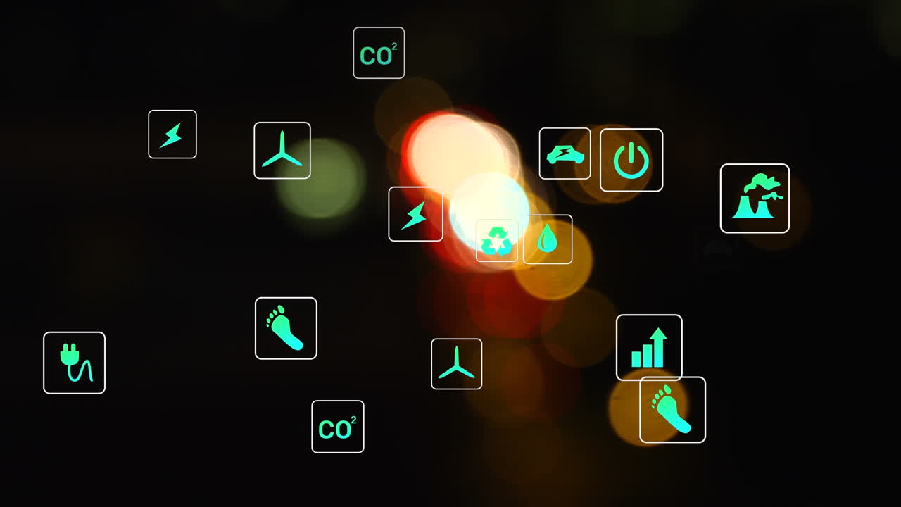 Animation of multiple digital icons over colorful spots of light against black background