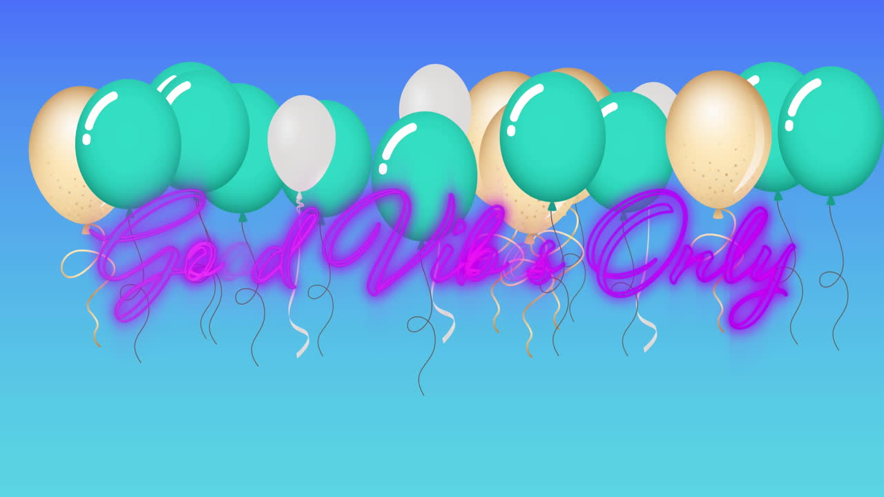 Animazione del testo 'good vibes only' con palloncini su sfondo blu.