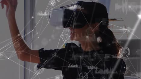 Animation-of-network-of-connections-over-woman-wearing-vr-headset