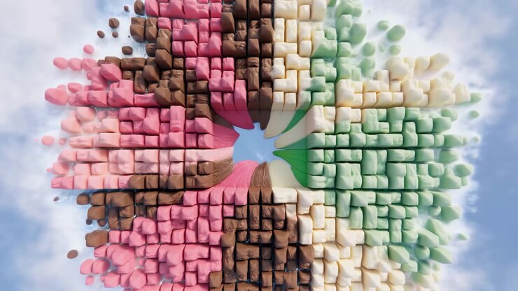 Blank polstret kubemosaik i pink, brun, creme, mint og grøn folder sig indad omkring midten, danner krøllede kronbladsformer, komprimerede lag og lys abstrakt radial bevægelse, med abstrakt, kubisk.