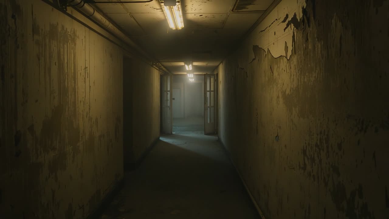 Flickering fluorescent lights revealing pipes, peeling paint in basement corridor, ajar glass doors
