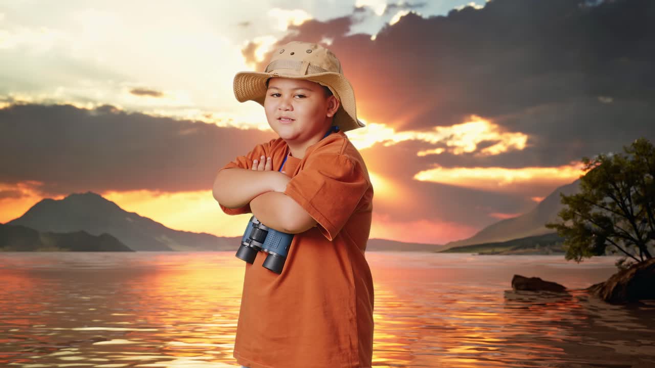 Asian Boy With A Hat And Binoculars Crossing Arms And Smiling To Camera At A Lake. Boy Researcher Examines Something, Travel Tourism Adventure, Side View