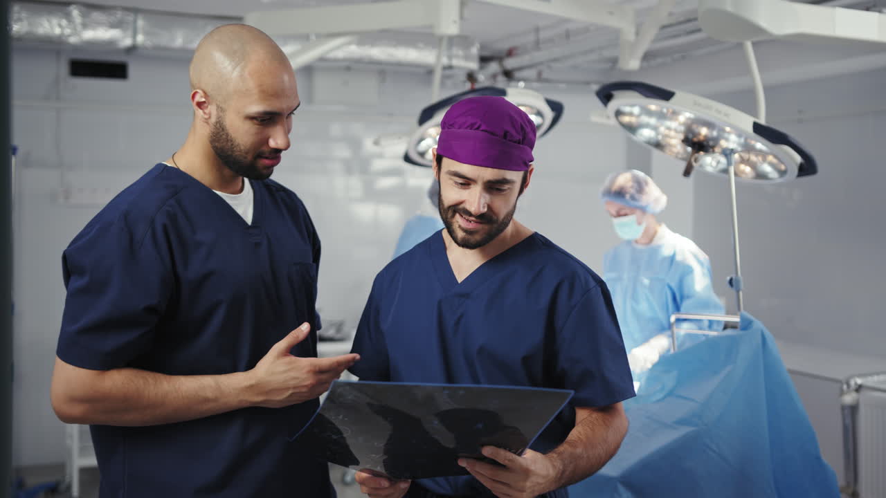 Surgeons reviewing medical report