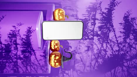 maqueta de teléfono inteligente con tres linternas de jack-o', sobre un fondo púrpura
