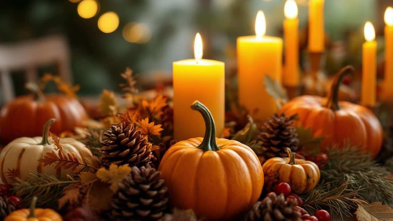 Autumnal arrangement featuring vibrant pumpkins, pine cones, and candles, creating a warm, inviting atmosphere perfect for seasonal celebrations and gatherings